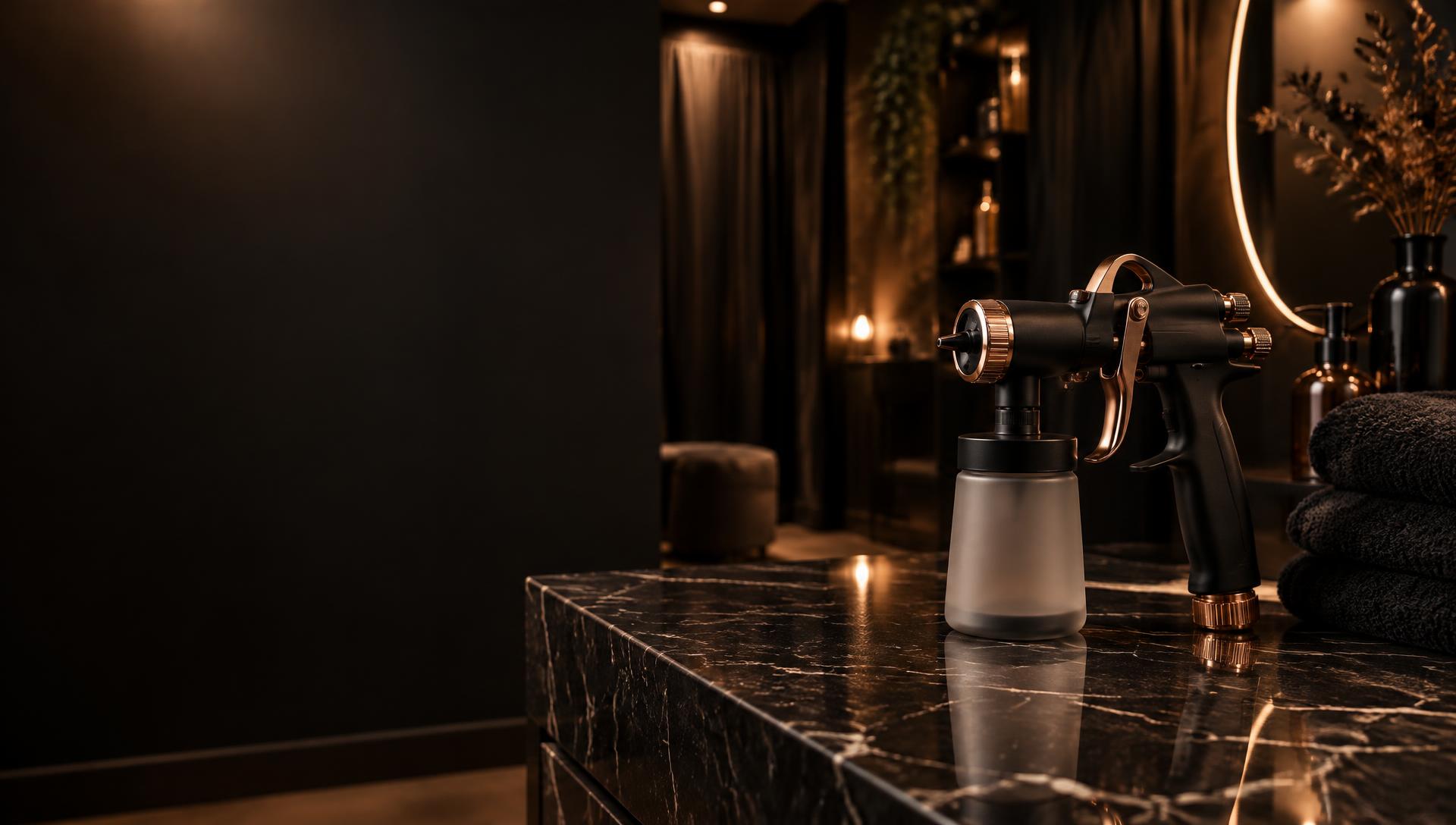 Black and bronze spray tan gun on a marble counter in the Elite Bronzed studio